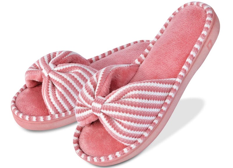 DL Women's Memory Foam Open Toe Slide Slippers with Cute Bow and Cozy Terry Lining, Slip-on House Shoes Spa Mules Sandals with Indoor Outdoor Rubber Sole, pink, 7-8 - Image 1